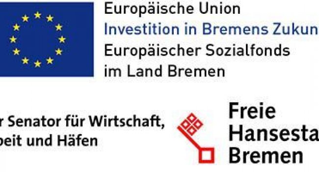 Europäischer Sozialfonds-Logo und Senator für Wirtschaft, Arbeit und Häfen-Logo