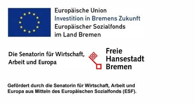 Europäischer Sozialfonds-Logo und Senator für Wirtschaft, Arbeit und Häfen-Logo